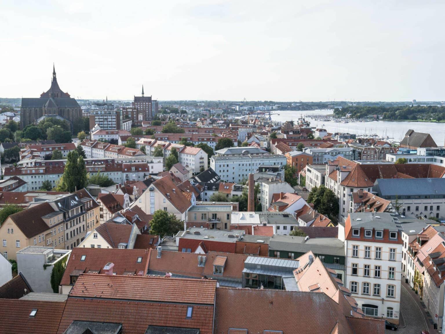 The panorama from St. Peter's Church over the roofs of Rostock to the Warnow River.