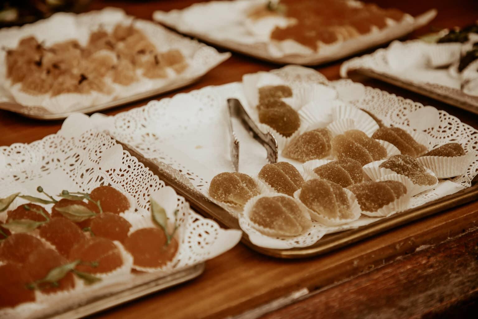 Desserts laid out on plates.