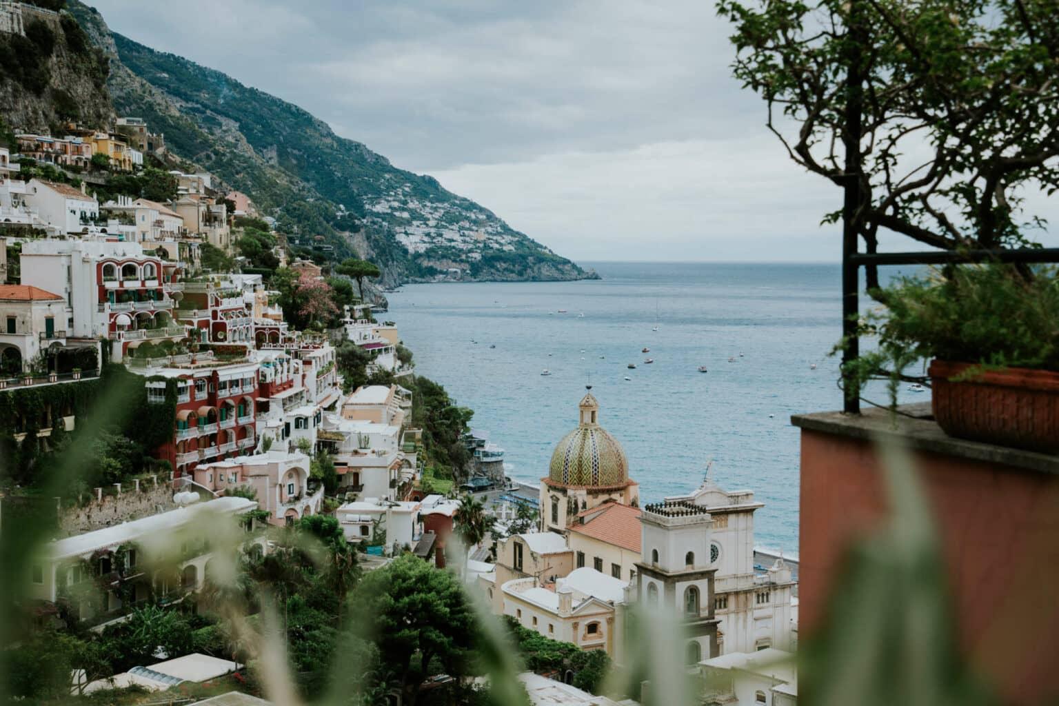 View of the houses in the mountains and the sea.