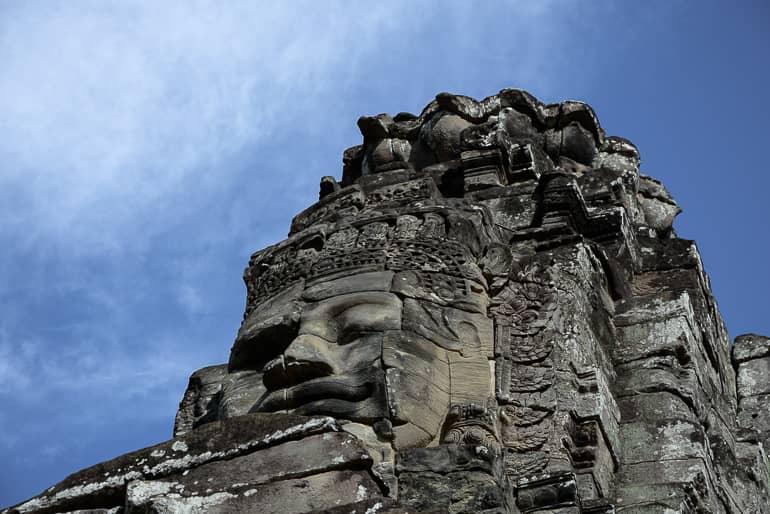 In Bayon, the temple of Angkor Thom, imposing stone towers with faces can be found.