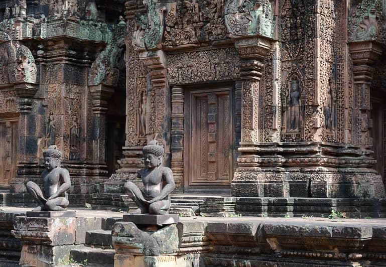 The temple of Bantey Srei in Angkor, Cambodia is also called the pink temple because of its red sandstone.