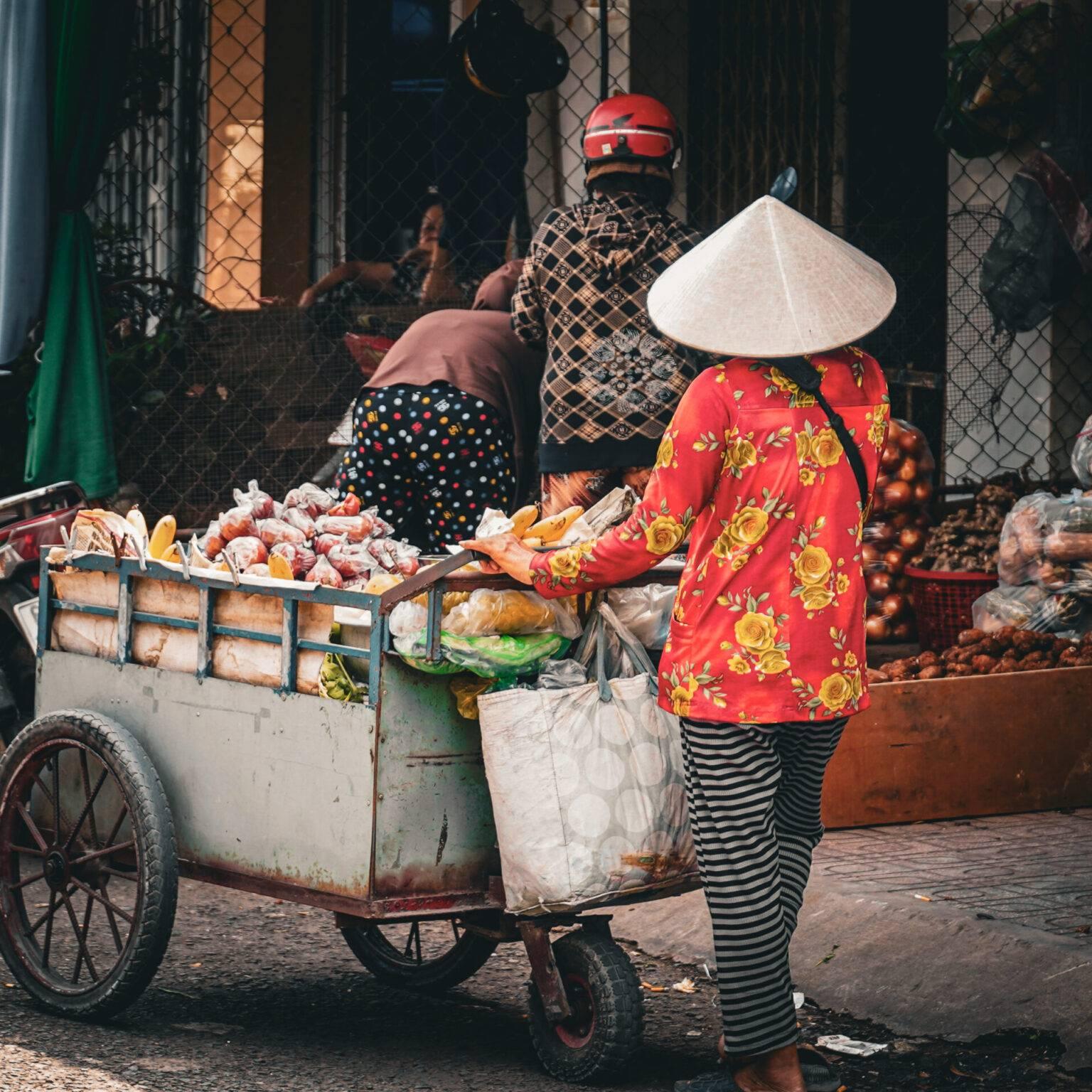 Street vendor with typical headwear and a cart full of food at the Cai Be market.