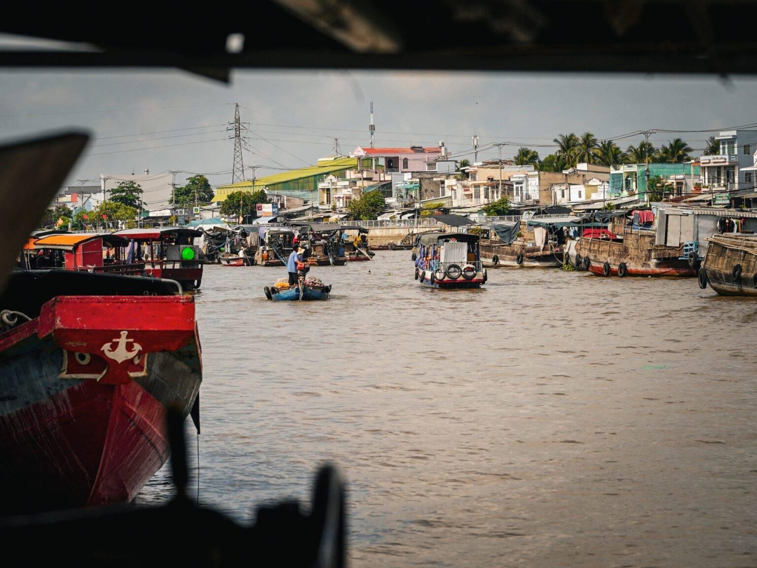Boats at the Cai Rang floating market in the Mekong Delta.