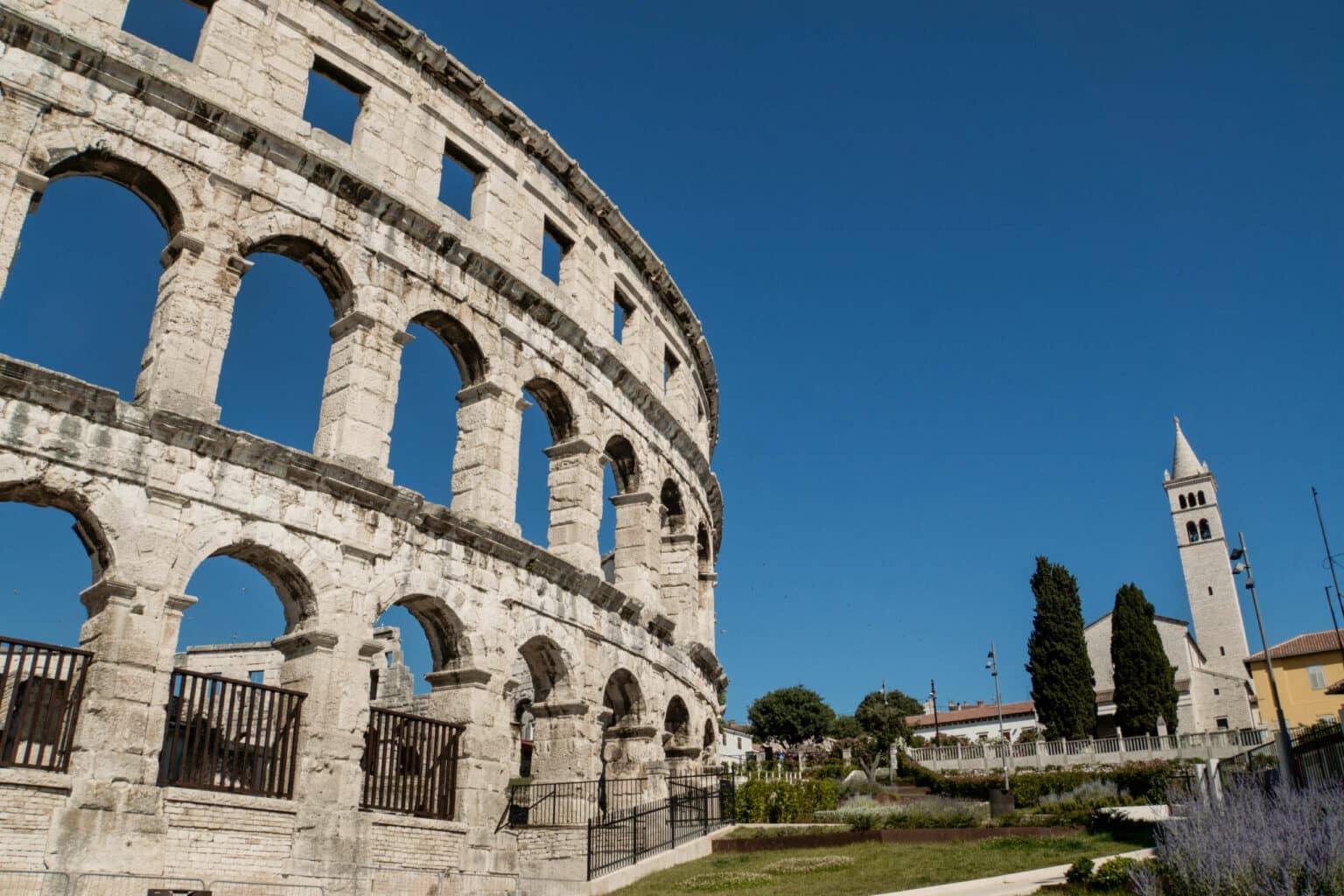 The outer walls of the famous amphitheater in Pula on the Croatian peninsula of Istria.