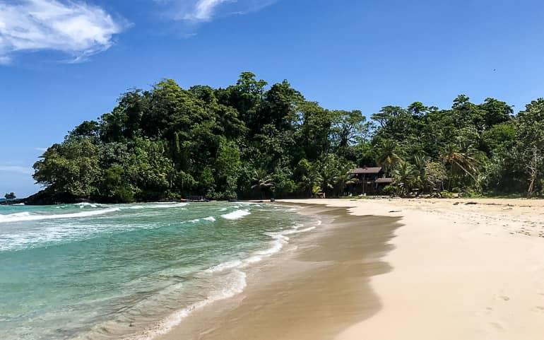 Playa de fina arena, agua turquesa y palmeras adornan la playa Red Frog en Bastimentos, Panamá.