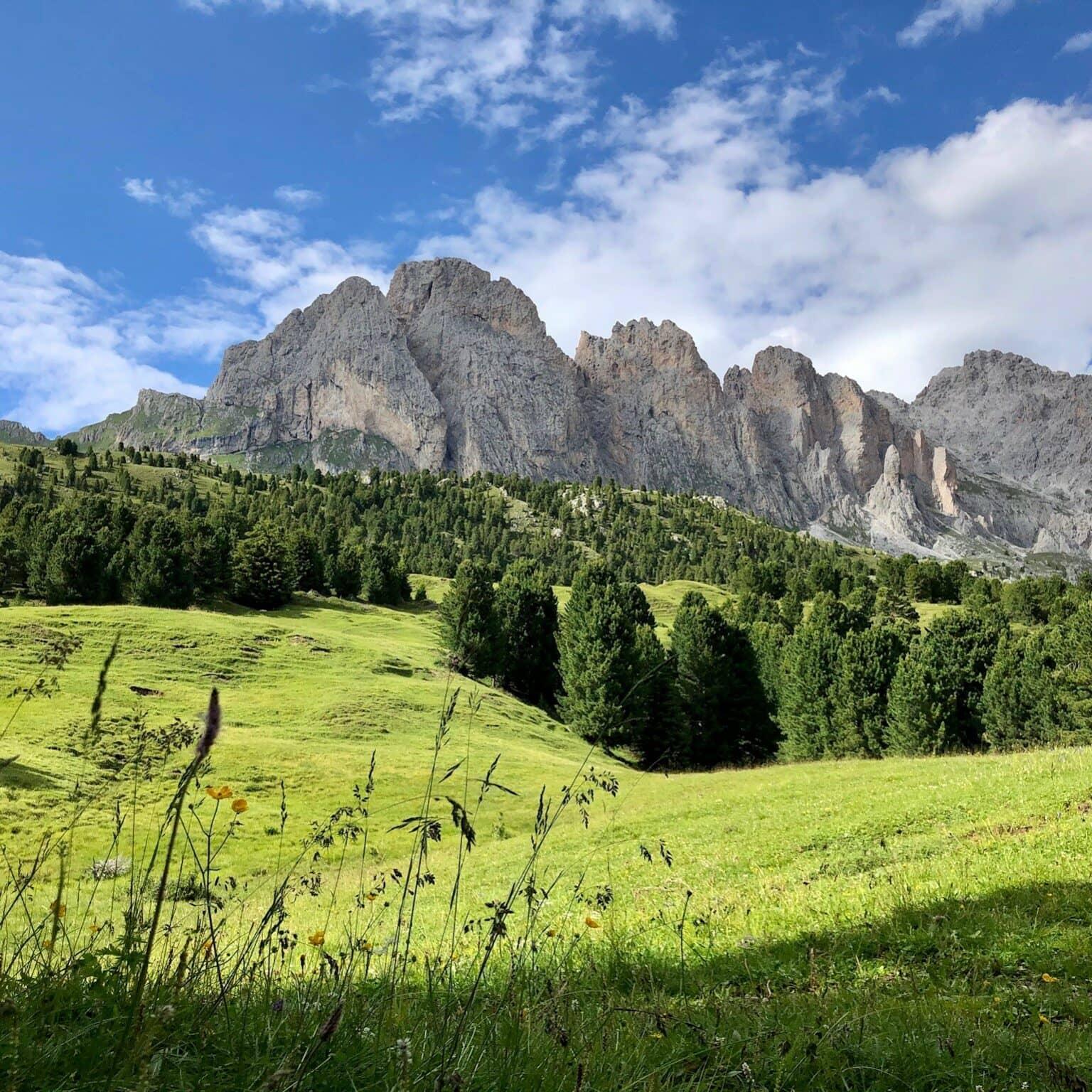Lush green meadows surround the rugged mountain peaks in the Puez-Geisler Nature Park in South Tyrol.