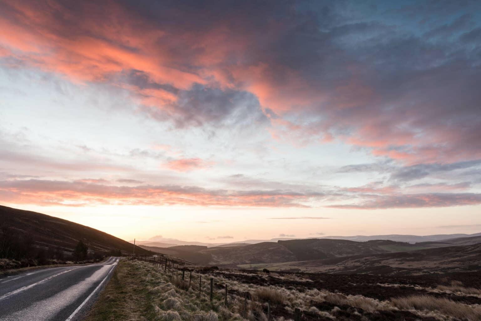 A street at sunset in Scotland.