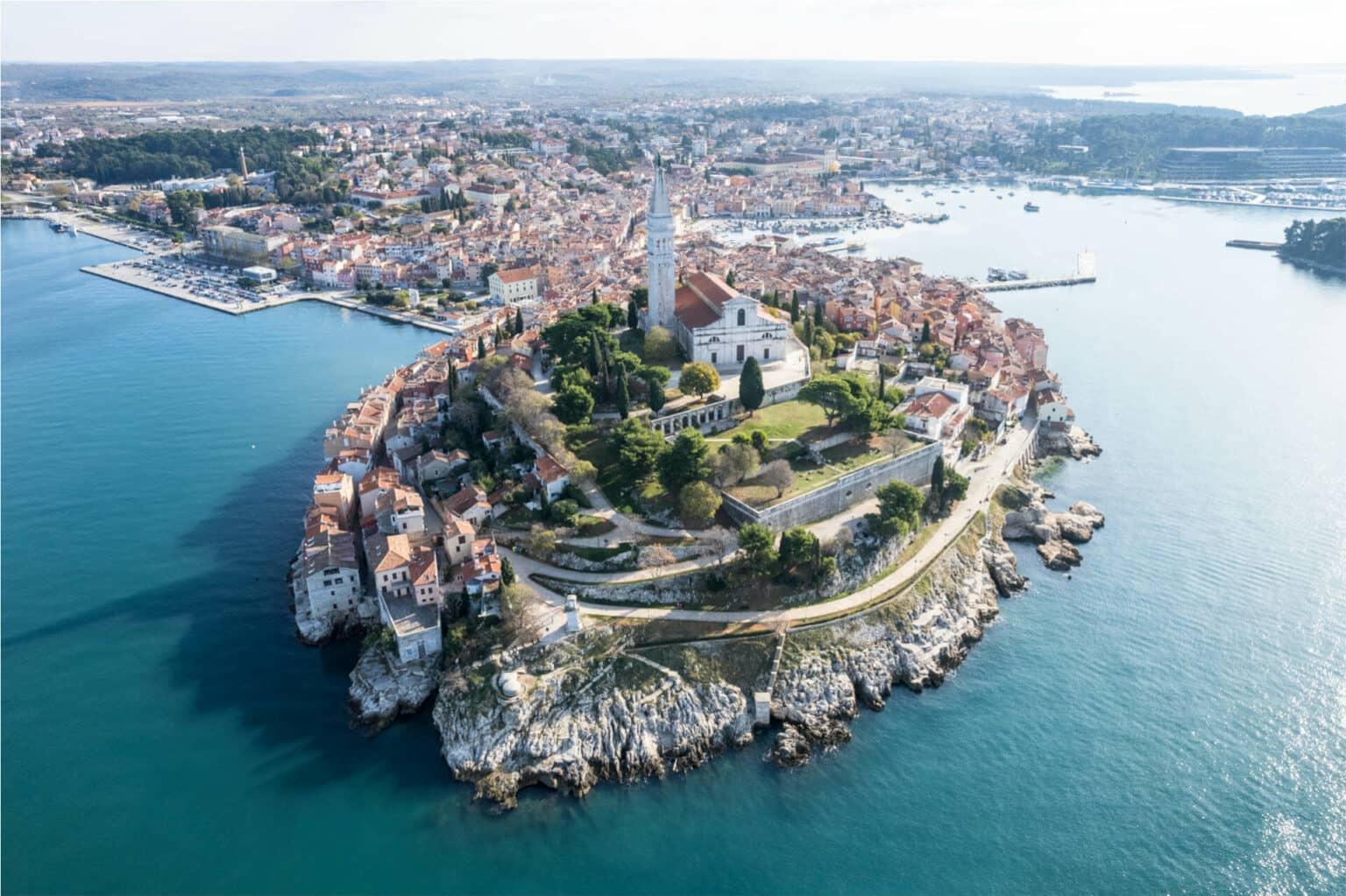 The old town of Rovinj in Croatia from above - aerial shots in travel photography are more demanding but particularly breathtaking.