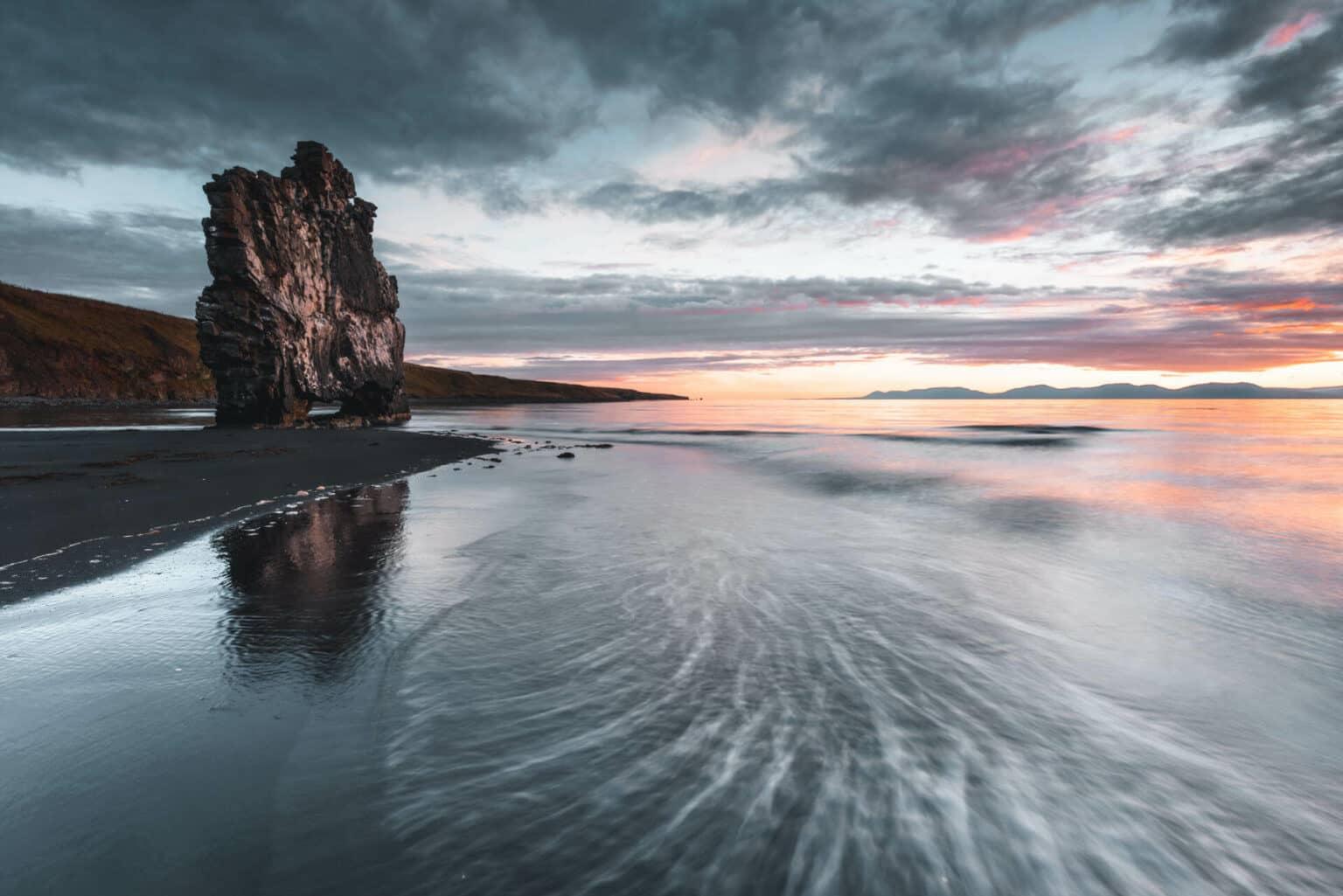 The basalt rock Hvítserkur in Iceland at dawn.