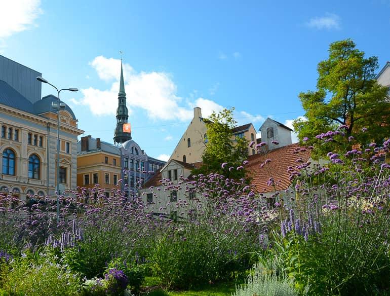 Detrás de flores moradas se esconden hermosas fachadas de edificios art nouveau, que adornan el paisaje urbano de Riga, Letonia.