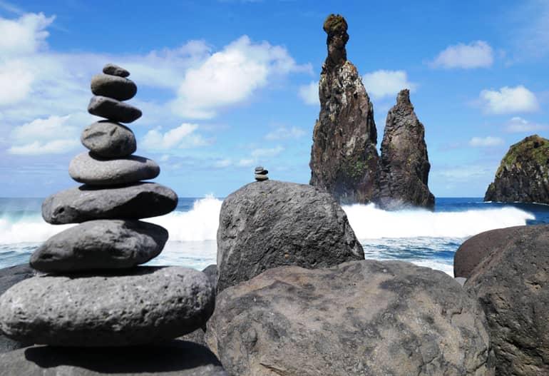 Madeira: Stone towers against the sea.
