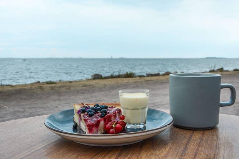 Helsinki: Berry pie on a plate with a cup next to it.