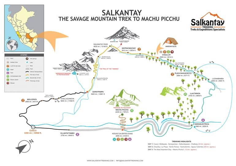 The image of the map shows the route of the Salkantay Trek to Machu Picchu in Peru.