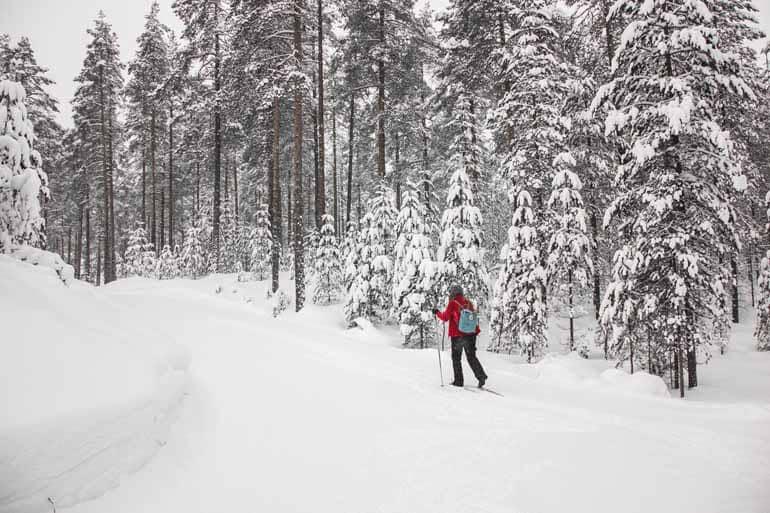 A woman cross-country skiing in Finnish Lapland.